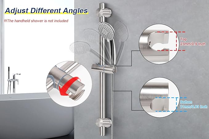 NearMoon Slide Bar with Height/Angle Adjustable Handheld Shower Holder, Bathroom SUS 304 Stainless Steel Head Holder for Bath (Screw Mounted, Brushed Nickel)