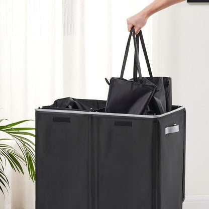 Dual Laundry Hamper with Lid and 2 Removable Liners, 145L Laundry Basket, 2 Sections for Easy Sorting, Collapsible Design, Dirty Clothes Hampers, Bedroom, Dorm, College, Black