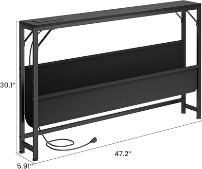 47.2'' Skinny Console Table with Power Outlet, 5.91" Behind Couch Table with Charging Station, Long Sofa Table, Narrow Entryway Table for Living Room, Foyer, Hallway, Black