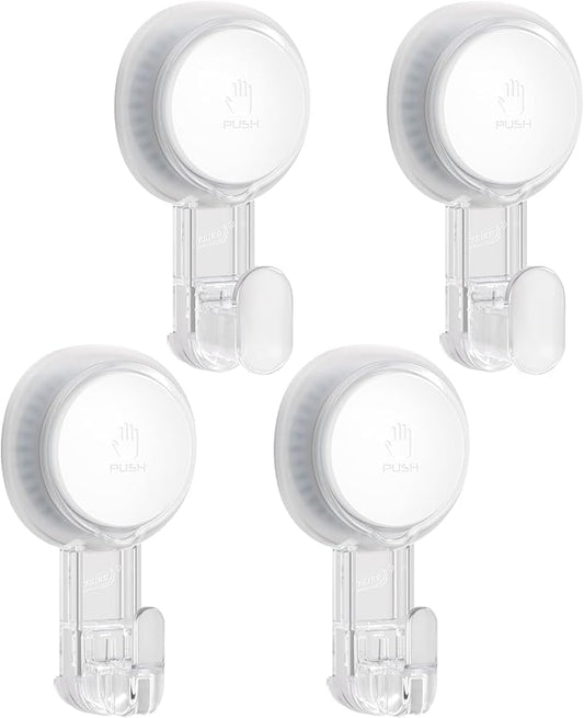 TAILI 4 Pack Powerful Suction Cup Shower Hooks for Towel, Loofah, 360° Rotatable Damage-free Hanging Versatile Wall Hooks for Inside Bathroom, Decoration, Removable Suction Holders, Easy to Use, Clear