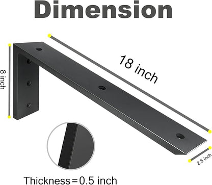 WINKER Countertop Support Bracket 4 Pack Heavy Duty 1/2" Thick Hidden L Shelf Bracket 18" x 8" x 2.5" Metal Corbels for Quartz/Granite/Wood/Concrete/Laminate Countertops, Black