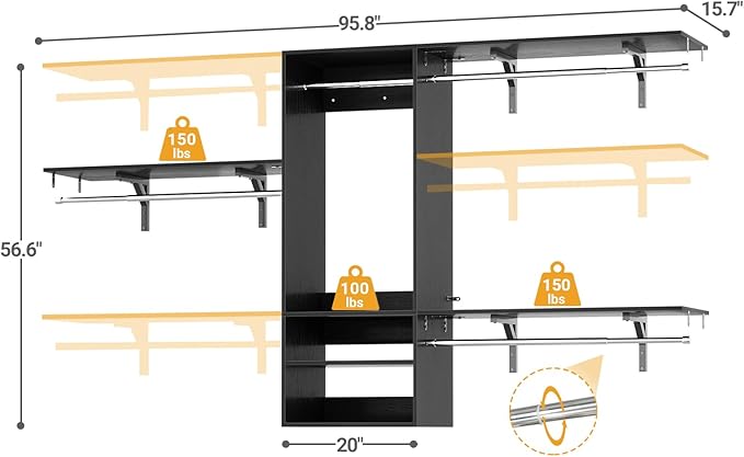 Cyclysio 96 Inch Closet System, 8 FT Hanging Closet Organizer System, Walk in Closet System with 4 Adjustable Rods and 3 Shelving Towers for 4-8FT Spaces(Cut-to-Fit), Black
