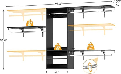 Cyclysio 96 Inch Closet System, 8 FT Hanging Closet Organizer System, Walk in Closet System with 4 Adjustable Rods and 3 Shelving Towers for 4-8FT Spaces(Cut-to-Fit), Black
