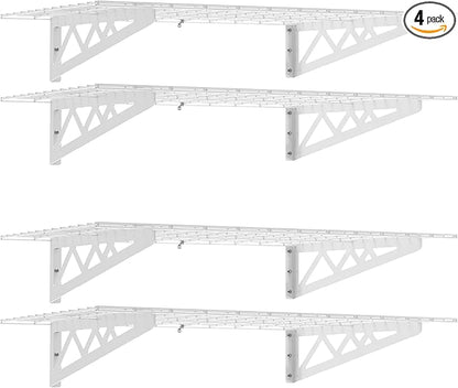 MonsterRax | Garage Wall Shelf Four-Pack White or Hammertone | Three Size Options | Includes Bike Hooks | 300lb Weight Capacity (White, 24"x48", 4 Pack)