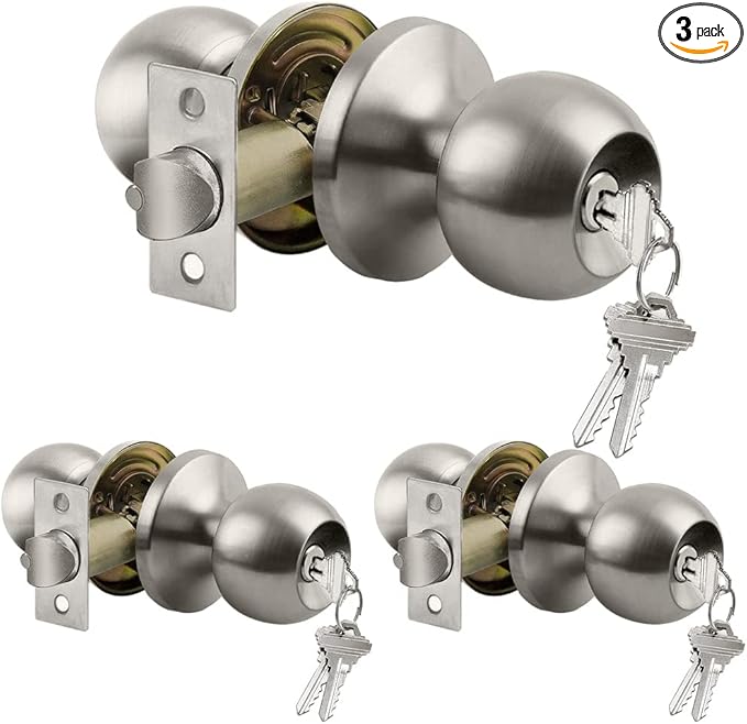BESTTEN [3 Pack] Door Knob with Lock and Key, Keyed Different Entry Door Knob, for Entrance and Front Door, Satin Nickel