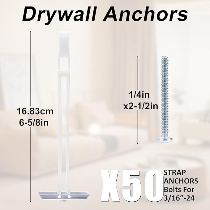 Drywall Anchor with Included Bolts for 3/16”-24, Heavy Duty Hollow Drywall Anchors for TV Mounting Kit, Stainless Steel Hollow Wall Anchors Holds up to 240 lbs Each in 1/2-in Drywall-50 Pack