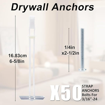 Drywall Anchor with Included Bolts for 3/16”-24, Heavy Duty Hollow Drywall Anchors for TV Mounting Kit, Stainless Steel Hollow Wall Anchors Holds up to 240 lbs Each in 1/2-in Drywall-50 Pack