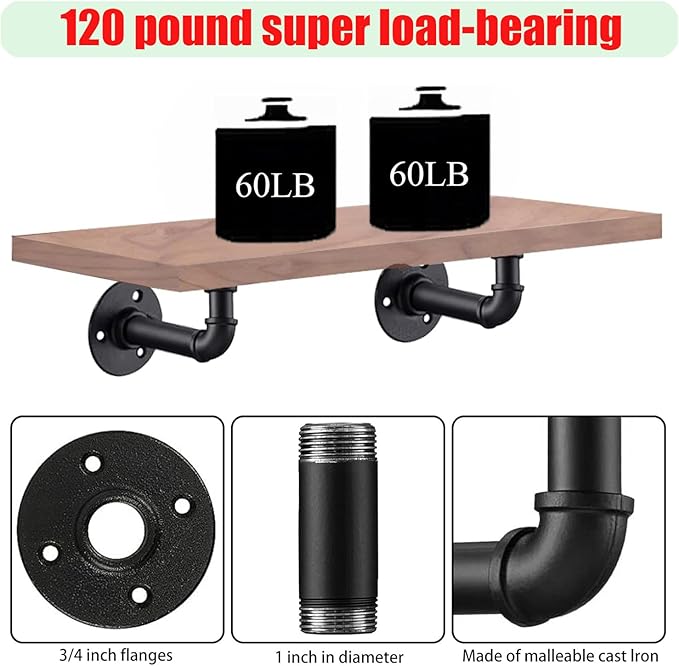Industrial L Pipe Shelf Brackets for 8-16 in Depth Wood,Heavy-Duty 3/4" Iron,Wall Mount Floating Shelf Bracket L Metal Pipe Shelving Brackets for Wood-Black DIY Pipe Shelves(7.5*3.1 Inch 10 Pack)