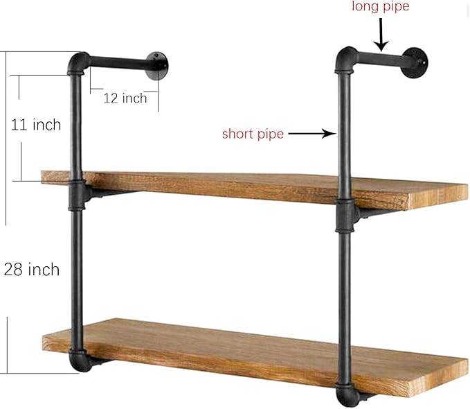 Yuanshikj 2Pc (28" Tall,12" deep,3/4") Industrial Wall Mount Iron Pipe Shelf Shelves Shelving Bracket Black DIY Bookshelf Storage Office Room Kitchen (2 Pcs 3Tier Hardware Only)