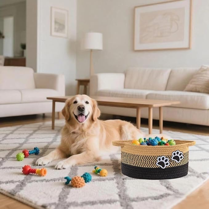 Small Woven Cotton Rope Nursery Organizer Bins, Dog Toy Basket Bins with Handle, Cute Empty Baby Gift Storage Baskets with Paw