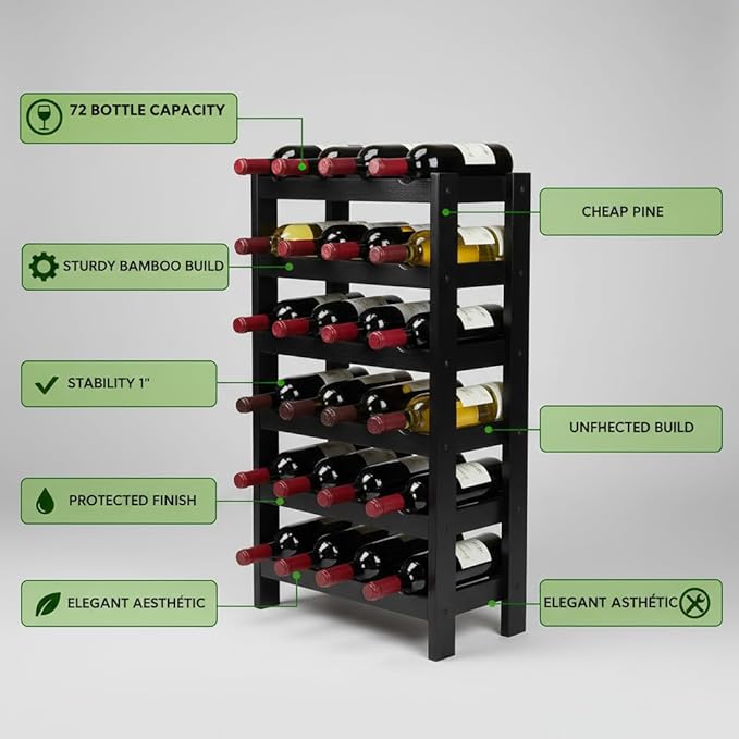 NutriChef 72 Bottle Wine Rack Stackable Bamboo Freestanding, 8-Tier Modular Shelf, Sturdy Wobble Free, Upgraded 2026 Design, Easy No-Tool Assembly for Kitchen, Cellar or Bar 33.5" x 10" x 41" (Black)