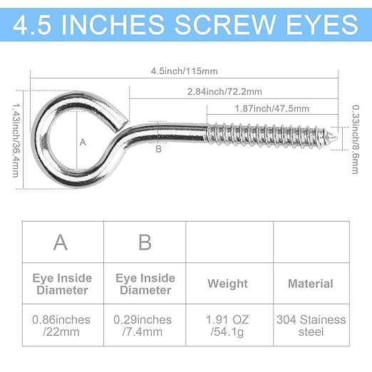 Aovchei Eye Screws, 4 Pcs 4.5 inches 304 Heavy Duty Stainless Steel Screw Hooks, Rust-Resistant Self Tapping Eyelet Bolts for Wood, Securing Cables Wires, Indoor & Outdoor for Hanging Artwork