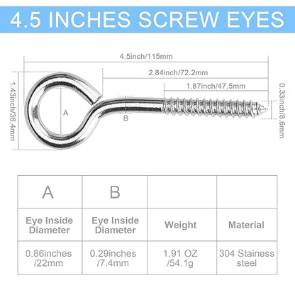 Aovchei Eye Screws, 4 Pcs 4.5 inches 304 Heavy Duty Stainless Steel Screw Hooks, Rust-Resistant Self Tapping Eyelet Bolts for Wood, Securing Cables Wires, Indoor & Outdoor for Hanging Artwork