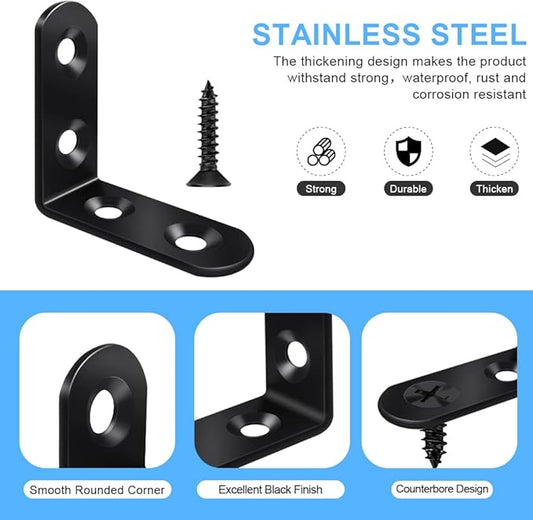 18 Black L Brackets, Stainless Steel Corner Brace for Wood & Metal, Right Angle Bracket for Furniture & Cabinet with 72 Screws (1.57 x 1.57 inch)