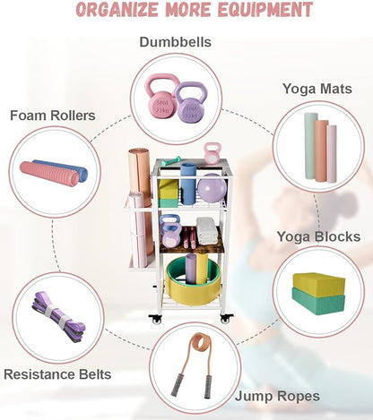 Yoga Mat Storage Rack with Wheels, 3 Tier Home Gym Workout Equipment Organizer for Dumbbells, Kettlebells, Foam Rollers