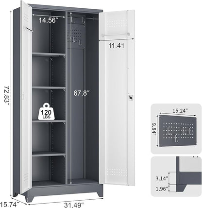 72.8" H Metal Garage Storage Cabinets with Doors and Shelves, Broom Closet Storage Cabinet, Tool Cabinets with Hanging Rod, Cleaning Storage Cabinets for Garage,Bedroom Office Grey&White