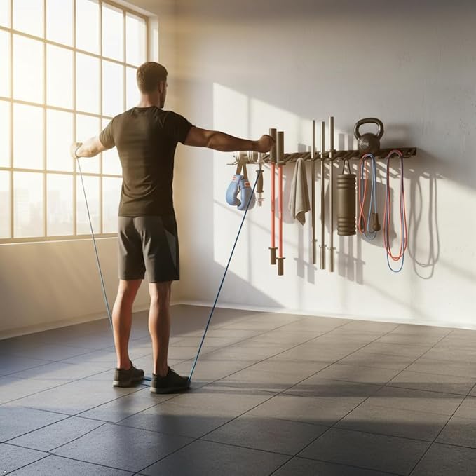 25" Wall Mount Barbell Holder & Tool Organizer, 7L7S Slots Heavy Duty Storage Rack, 300LBS Load 4MM Steel 5MM EVA for Garage Home Gym.