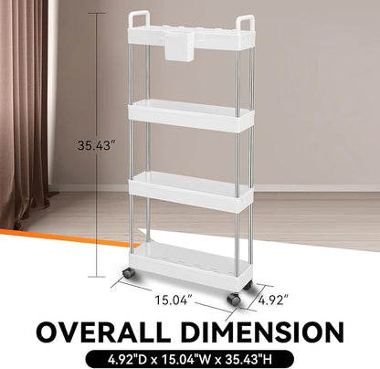 Auto Dynasty 4 Tier Slim Rolling Cart with Handle, Multifunction Utility Storage Rolling Cart, Movable Storage Organizer with Wheels for Office, Bathroom, Kitchen, Narrow Places (White)