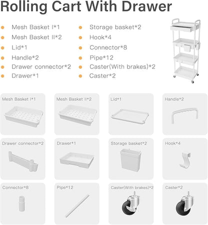 4 Tier Rolling Cart Organizer,Art Craft Diaper Bedside Snack Laundry Room Bathroom Organizer Narrow Thin Slim Rolling Trolley Utility Cart with Wheels for Kitchen,Office(White)