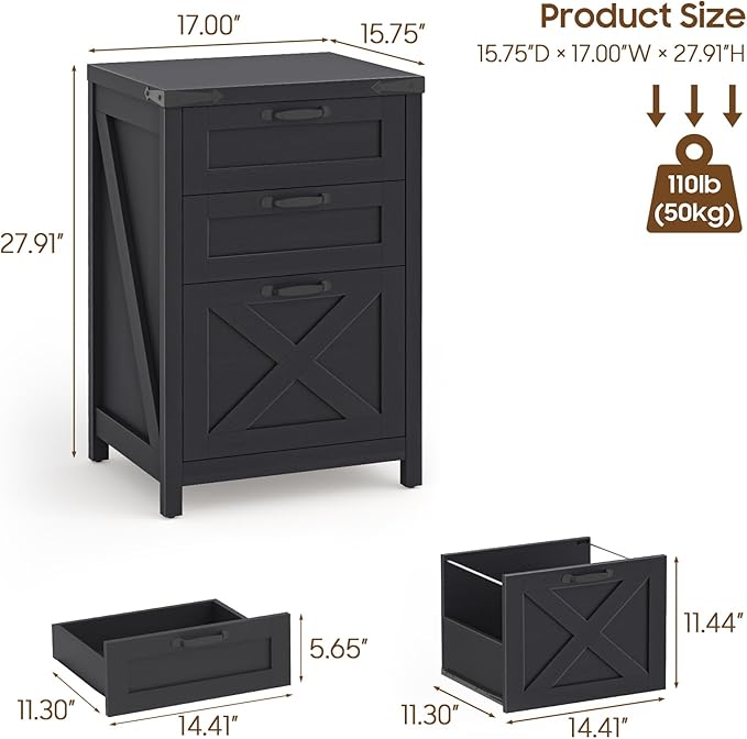 3 Drawer Small File Cabinet, Farmhouse Vertical Filing Cabinet Fits Letter and A4 Size, Under Desk Wooden File Cabinets for Home Office, Printer Stand, Black