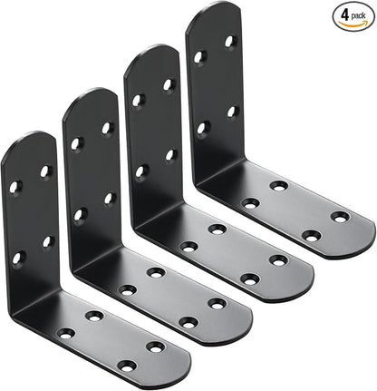 Alise 4Pcs Stainless Steel L Brackets for Shelves Black, Small Floating Shelf Brackets, 90 Degree Right Angle Bracket, Heavy Duty Metal L Bracket Corner Brackets for Wood Furniture (3.94X3.94 in)