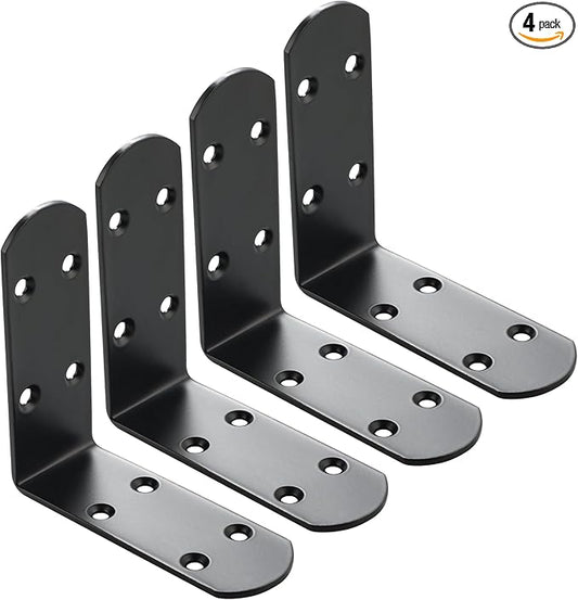Alise 4Pcs Stainless Steel L Brackets for Shelves Black, Small Floating Shelf Brackets, 90 Degree Right Angle Bracket, Heavy Duty Metal L Bracket Corner Brackets for Wood Furniture (3.94X3.94 in)