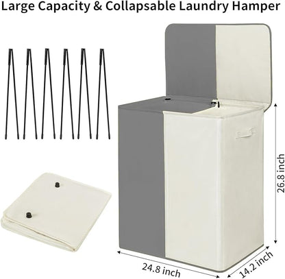 WOWLIVE Double Laundry Baseket with Lid and Removable Laundry Bags,154L Large Laundry Hamper 2 Section Collapsible Dirty Clothes Hamper for Laundry Room,College Dorm,Bathroom,Grey and Beige