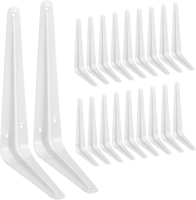 20 Pack Shelf Brackets 8 Inches White, Heavy Duty Steel Metal L Brackets for Shelves, J Brackets Wall Angel Corner Brace for Wood Board