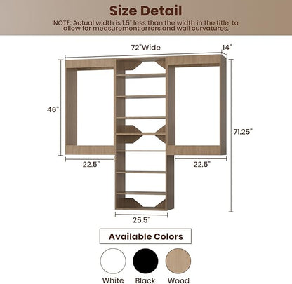 ROOMTEC Modular Closet System, 72" Wall-Mounted Closet Organizer with Hanging Rods and Shelves, Wooden Tower for Walk-In Closets, Wardrobe Storage Kit, Wood