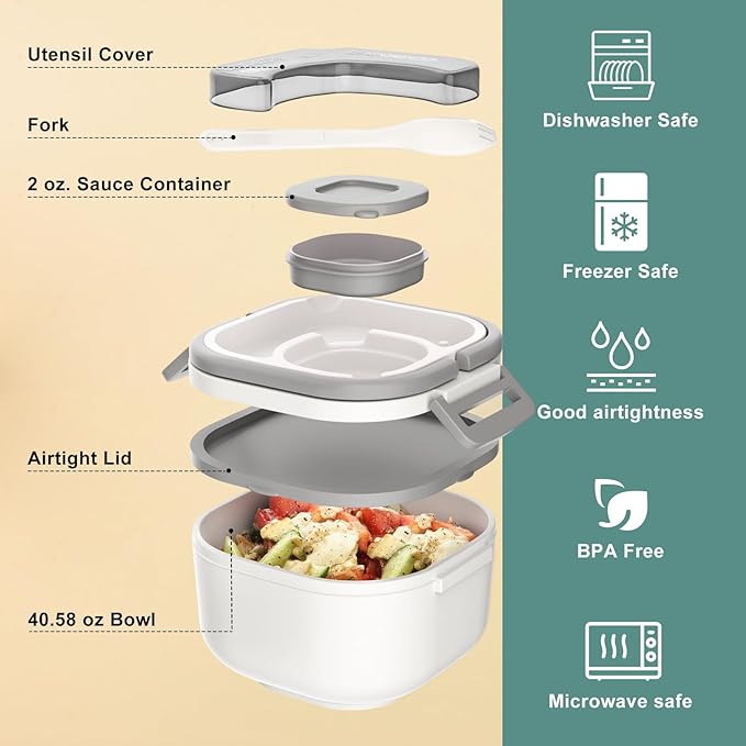 Bento Box for Adults & Kids – Single Compartment Lunch Box,Food Container,BPA-Free,Microwave & Dishwasher Safe with Removable Divider,Utensils & Sauce Jar-White