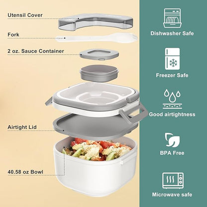 Bento Box for Adults & Kids – Single Compartment Lunch Box,Food Container,BPA-Free,Microwave & Dishwasher Safe with Removable Divider,Utensils & Sauce Jar-White