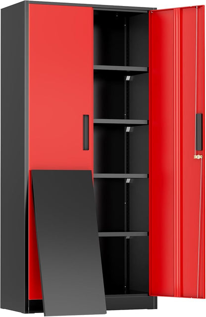Greenvelly Metal Storage Cabinet,72" Locking Metal Garage Storage Cabinet with Doors and 4 Adjustable Shelves, Lockable Steel Cabinet for Home Office, Garage, Shop, School (Red 32" W x 16" D)