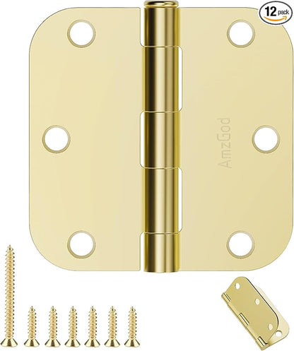 Door Hinges Polished Brass - 12 Pack Gold Door Hinges 3.5 Inch Rounded Interior Door Hinge with 5/8" Radius - 3 1/2 Inches Flat Iron Brass Hinges for Residential Standard Doors