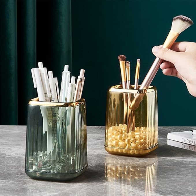 Makeup Brush Holder Organizer for Vanity, Acrylic Gold Make Up Brushes Holders Container Storage Cup with Striped Design for Bathroom Countertop, Pen Pencil Holder Cosmetic Cup for Desk