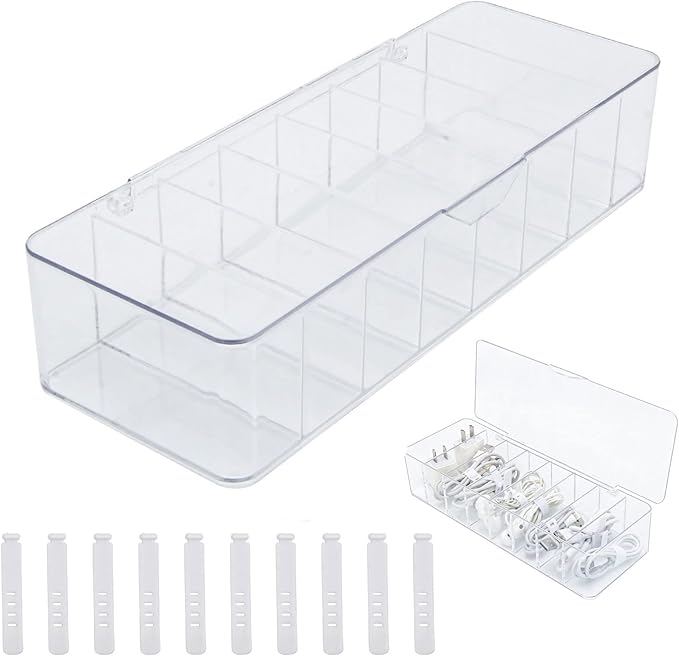 See-Through Cable Organizer Box Wire Management Case Data Cord Organizer Storage,8 Compartment Storage Boxes with 10 Wire Ties,Plastic Clear Lids Terminal Case Small Lipstick Cosmetic Storage Box