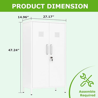 47" Metal Storage Locker, Lockable Employees Metal Locker with 2 Door and Adjustable Shelves, Steel Locker for Home, School, Office, Gym (White)