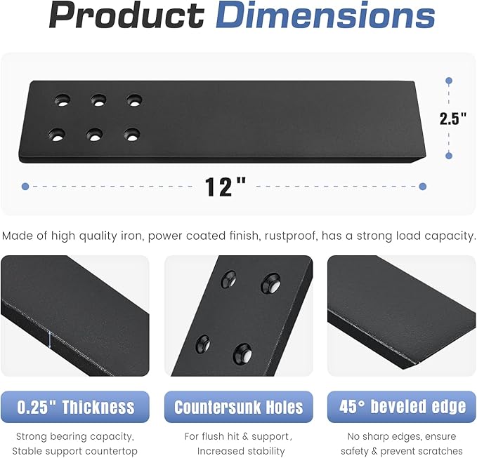 Countertop Support Brackets Heavy Duty 4 Pack 1/4" Thick 12 Inch Flat Hidden Knee Wall Countertop Bracket for Granite Quartz Wood Concret Countertops Screws Included