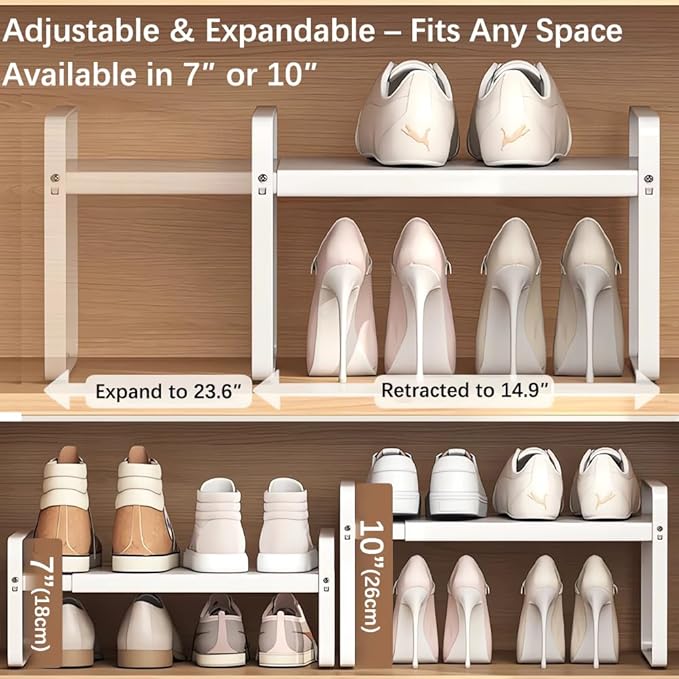 Expandable 1-Tier Metal Shoe Rack (H:10"), Adjustable Width 14.9"-23.6", Heavy-Duty Free-Standing Shoe Organizer for Closet, Entryway & Small Spaces – Single Pack