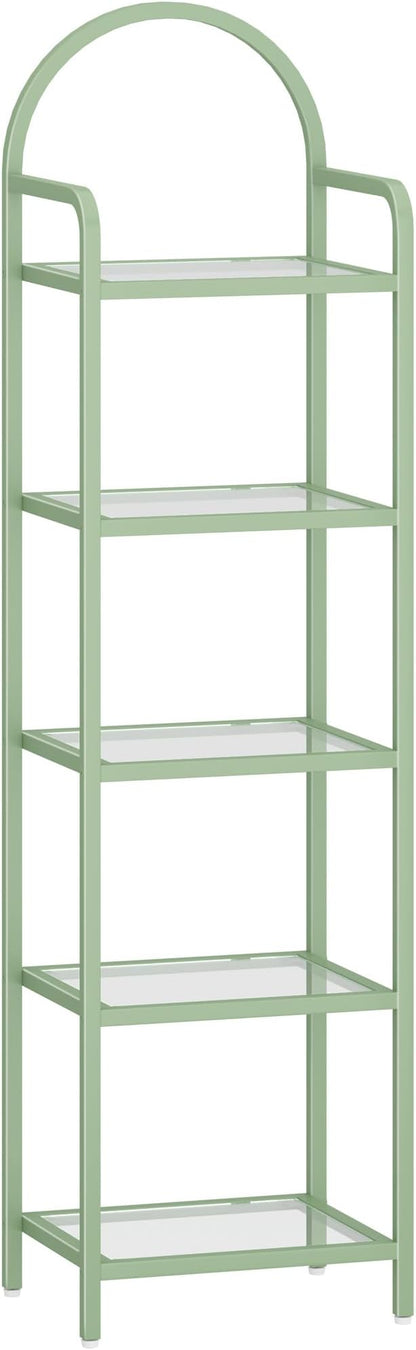 Bookcase Bookshelf, Tempered Glass Bookshelves, Slim Shelving Unit for Bedroom, Bathroom, Home Office, Steel Frame, 5 Tier Green BC05099C