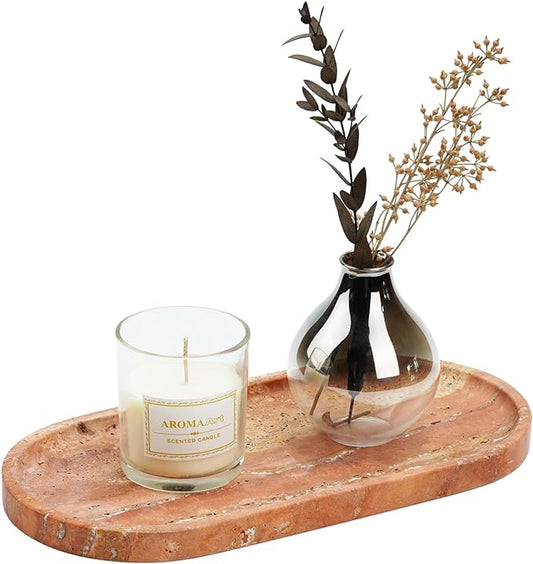Koville Turkish Natural Travertine Tray, 12"x6" Vanity Decorative Marble Wabi Sabi Decor for Home, Countertop Organizer, Catchall for Perfume, Candles, Jewelry Dish