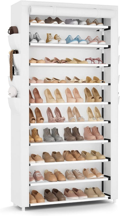 VTRIN Tall Shoe Rack with Cover, 10 Tier Shoe Organizer Storage for 50-55 Pairs Shoes and Boots Large Capacity Shoe Shelf with 8 Pockets Free Standing Shoe Rack for Closet, Entryway, Garage, White
