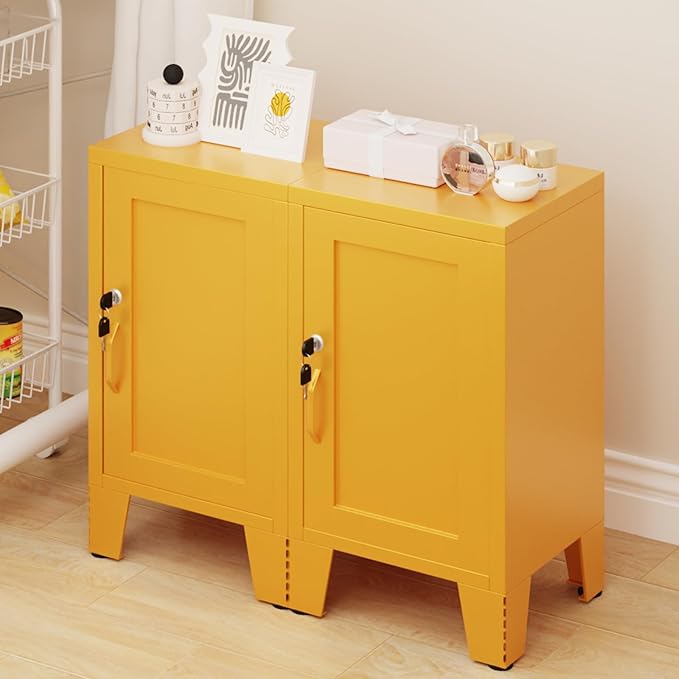 ALBAD Metal Nightstand with Lockable Cabinet, Compact Mini Locker Bedside Table for Kids & Adults, Modern Steel Side Table for Bedroom, Dorm, or Living Room (Yellow)