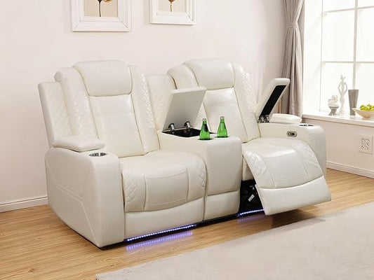 Power Recliner Loveseat Recliner Sofa, Living Room Furniture Sets with LED, Soft Leather Reclining Loveseat with Cup Holders,Hidden Storage,Double Seat Recliner Couch for Living Room,Office