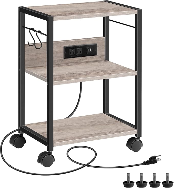 Industrial Printer Cart, 3-Tier Mobile Printer Stand, Rolling Cart with Power Outlets and USB Ports, Home Printer Stand with 2 Hooks, for Office, Living Room, Greige PTHG40E01