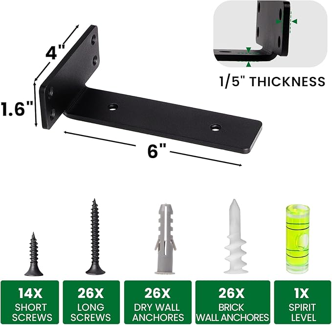 CONNOO Heavy Duty Floating Shelf Brackets, 6 Inch Hidden Metal L Brackets for Shelves Support, Rustic Industrial Farmhouse Shelf Brackets with Complete Mounting Hardware