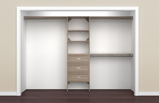 ClosetMaid SuiteSymphony Wood Closet Organizer Kit with Tower, 3 Hang Rods, Top Shelves, 3 Drawers, Adjustable, Fits Spaces 6-10 ft. Wide, Natural Gray