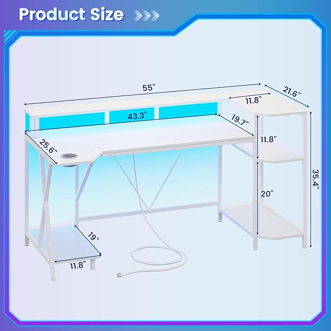 SEDETA White Gaming Desk 55'' with LED Lights and Storage Shelves, Computer Desk with Monitor Stand, Power Outlets and Cup Holder, Large PC Gamer Desk, Gaming Table for Bedroom, Living Room