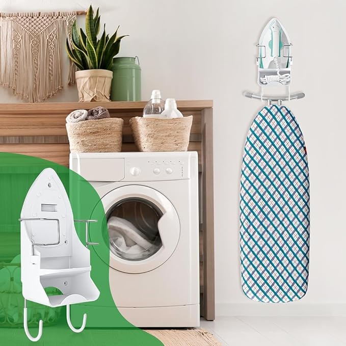 Iron Board Hanger Wall Mount Electric Iron Holder Ironing Board Holder Wall Mount Room Storage Iron and Ironing Board Storage Organizer Shelf with Removable Hooks