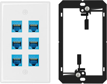 Iwillink 10Gbps Ethernet Wall Plate CAT6A, 6-Port Keystone Wall Plate and Jack Outlet, RJ45 Wall Plates with Single Gang Low Voltage Mounting Bracket - 1 Pack