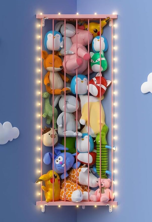 Corner Stuffed Animal Storage Net - Stuffed Animals Holder with Lights - Plush Toy Organizer Hanging Stuffed Animal Hammock with Adjustable Length for Kids Room Playroom Bedroom Nursery Decor
